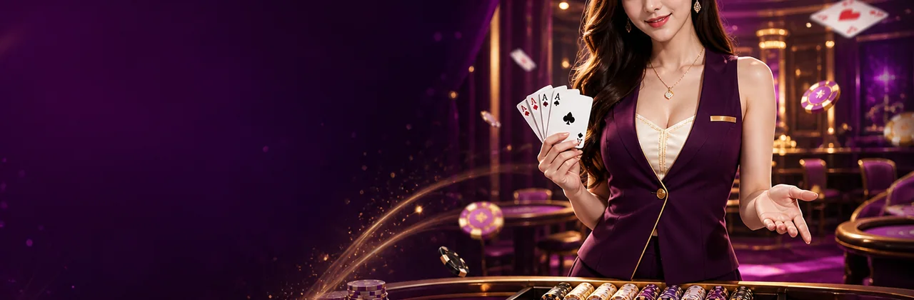 Banner casino với bàn bài, chip và ánh đèn vàng sang trọng