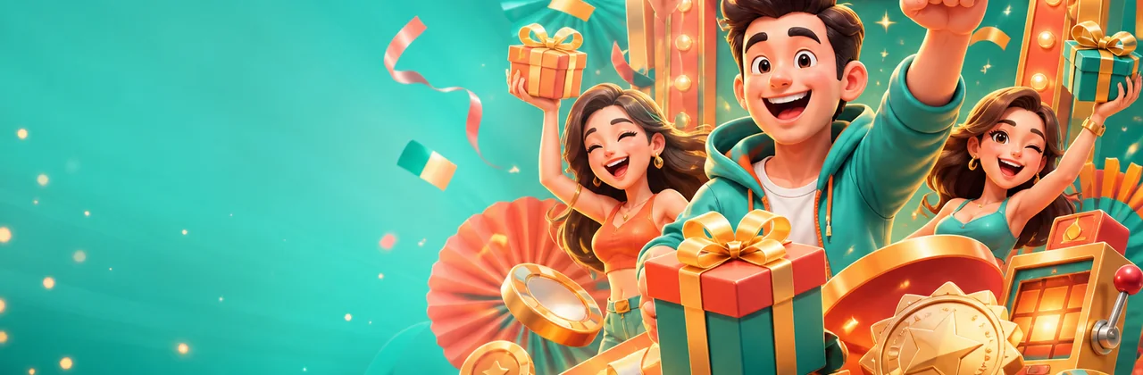 Banner ưu đãi với hộp quà, huy hiệu và không khí lễ hội